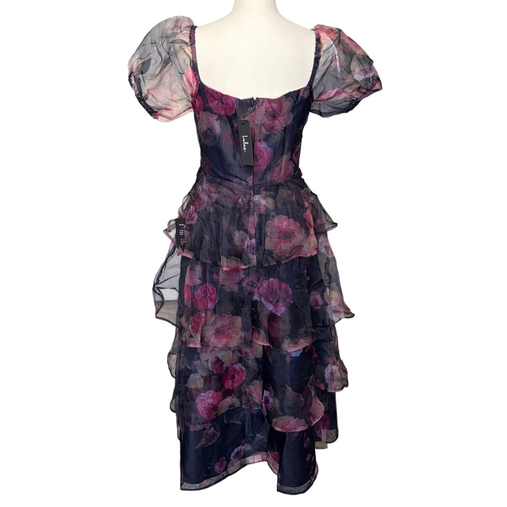 Lulus Floral Organza Tiered Midi Dress Puff Sleeve Wedding Guest Navy Pink M NWT - Picture 4 of 7